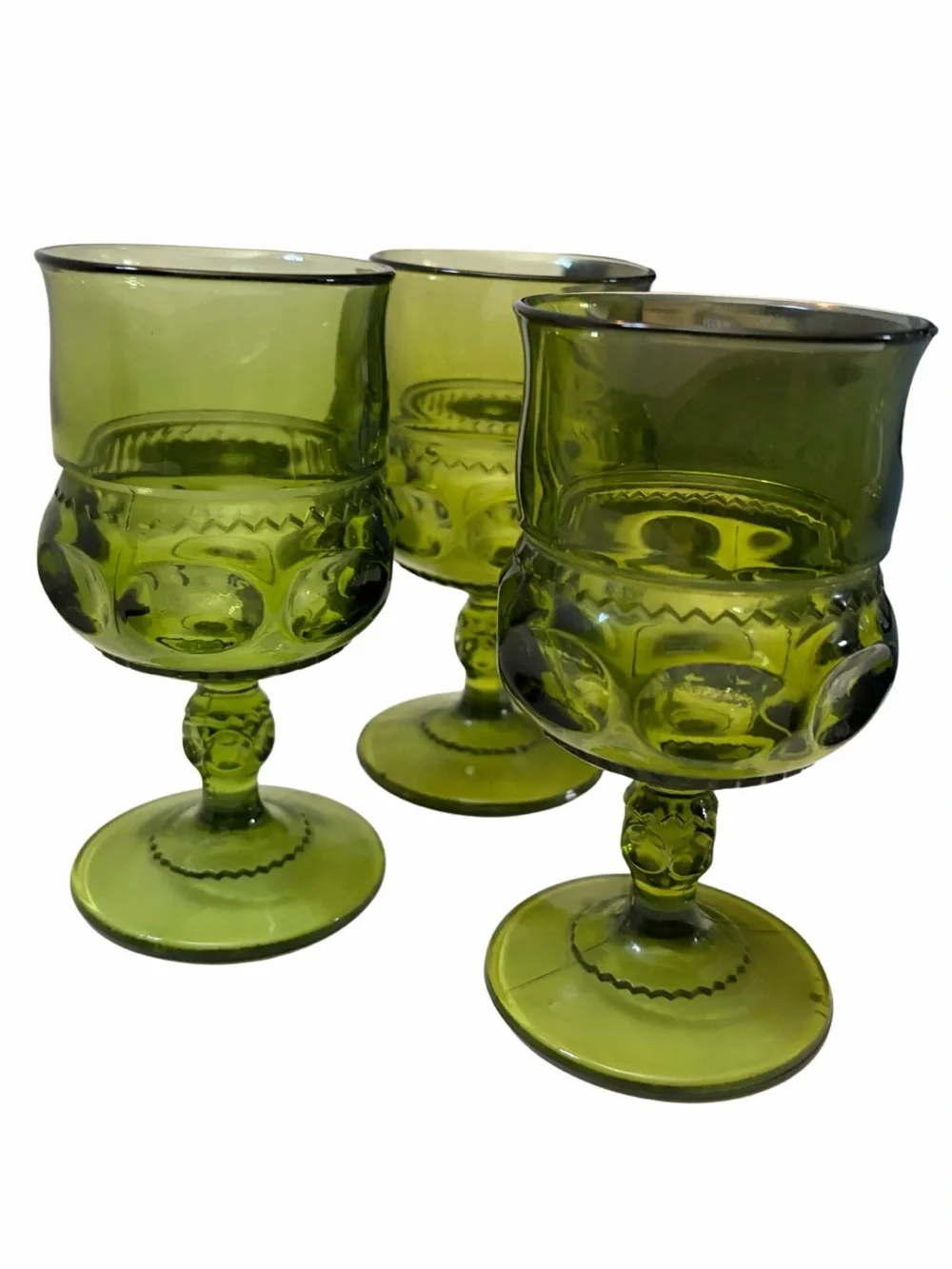 Vintage Green Indiana Glass Goblets Kings Crown Pattern Set of 3